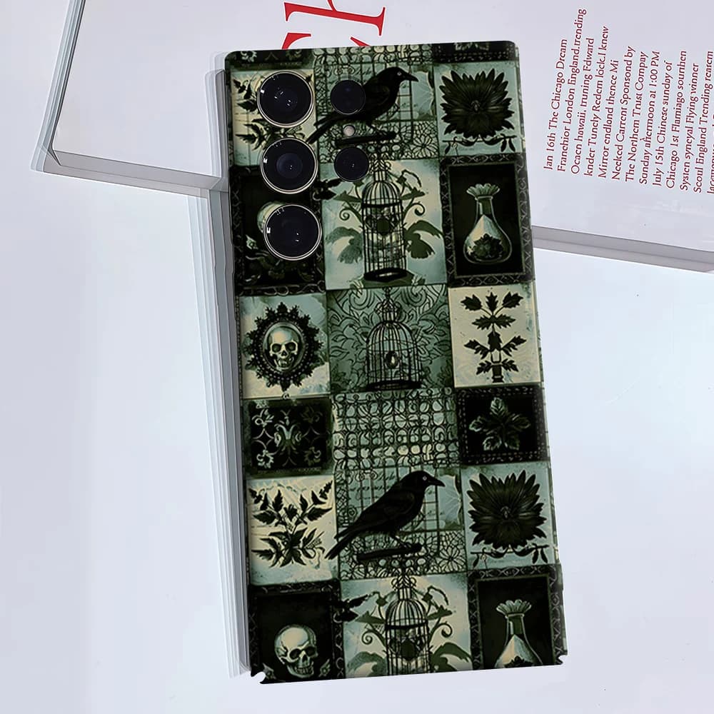 Gothic Tiles Crow Cage Skull For Samsung Galaxy S26 S25 S24 A56 A36 Dual Layer Luxury Fashion Full Lens Protective Case