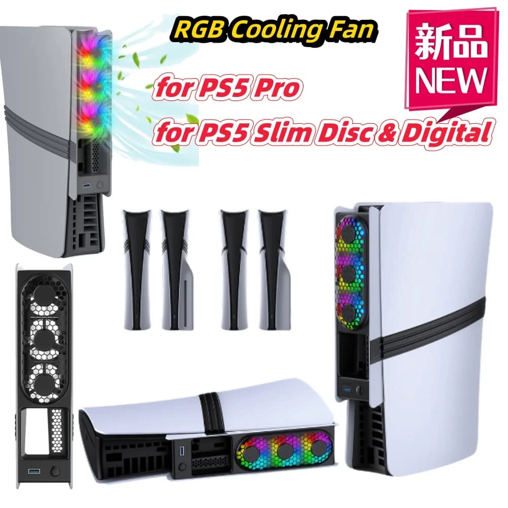 Ventola di raffreddamento per Playstation 5 Pro Dissipatore di calore esterno con porta USB Sistema di raffreddamento ventola RGB per PS5 Pro/PS5 Slim Disc e digitale