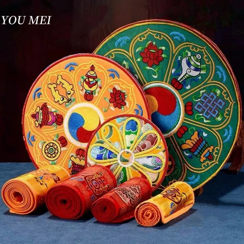 Buddhist Item Nepal Hand-Embroidered Vase Mats,Tibetan Auspicious Symbols Table Mats,Square Round Vajra Bell And Pestle Mats