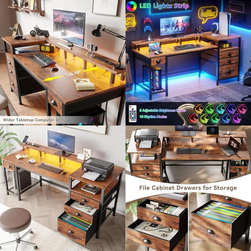 Scrivania da ufficio rustica marrone 60 con schedario, ripiani portaoggetti, luci a LED, supporto per monitor, prese di corrente e 4 cassetti per