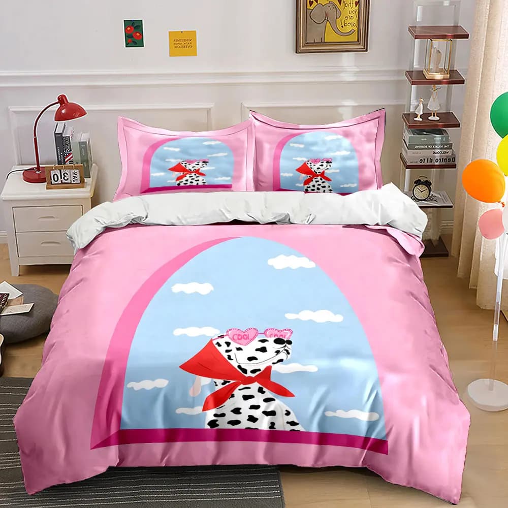 Set copripiumino con motivo dalmata che indossa occhiali da sole a forma di cuore, stampa digitale, biancheria da letto colorata in poliestere con chiusura a cerniera