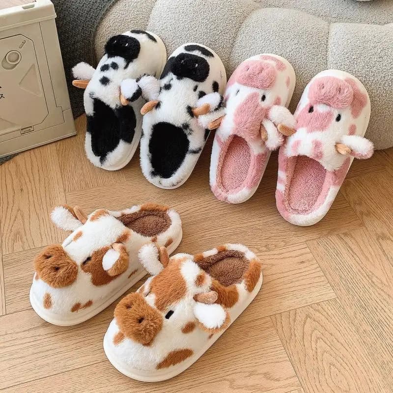 Pantofole soffici casual da donna casa simpatico cartone animato mucca scarpe firmate ragazza piatta moda elegante peluche piattaforma invernale calzature casa