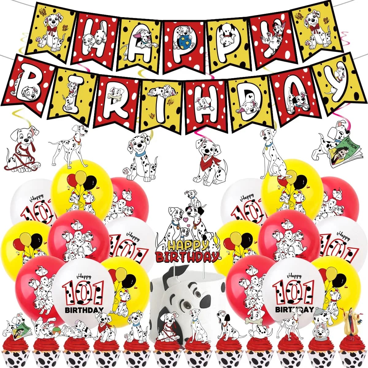 1 set 101 Dalmati Festa di compleanno Palloncino Decorazione Set Forniture per feste di compleanno Banner Bandiera Tirando la bandiera della torta Piantare regali