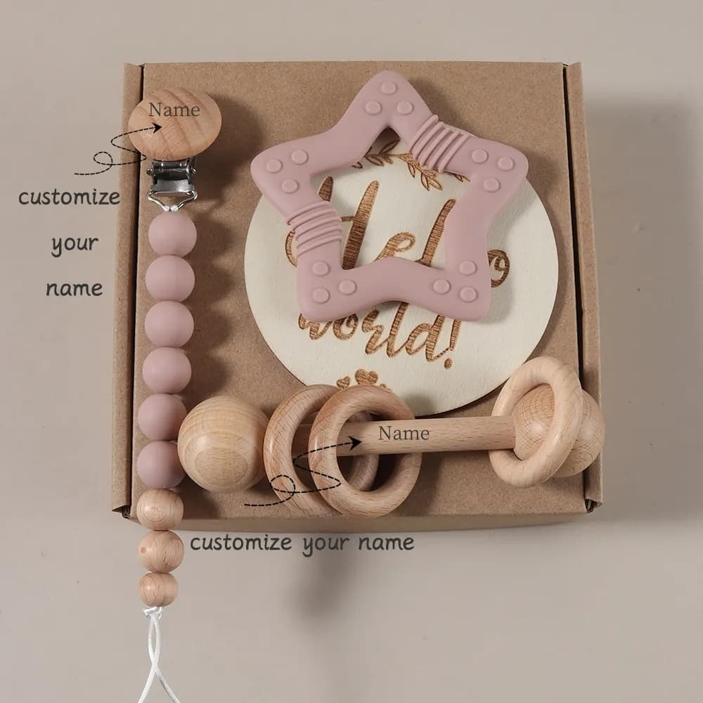 Baby Gift Set Gift Box Silicone Teether Wooden Rattle Pacifier Chain Milestone Baby Essentials