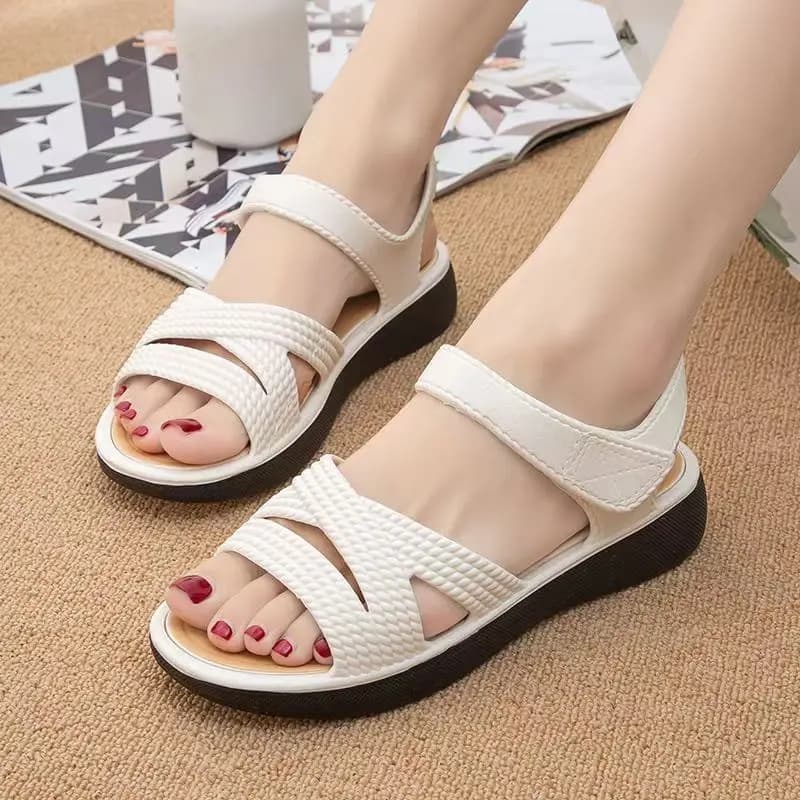 Women One Word Flat sole Velcro Sandals Summer New Soft sole Non Slip Outdoor Beach Sandals Middle Aged And Elderly Sandals