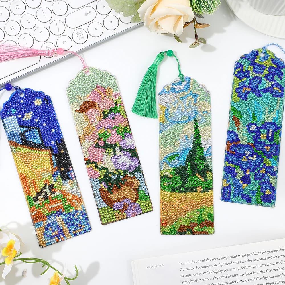 Set di 4 Segnalibri Van Gogh con Pittura Diamantata 5D, Segnalibri Artistici Fai-da-Te con Nappe per Amanti dei Libri, Regali Artigianali