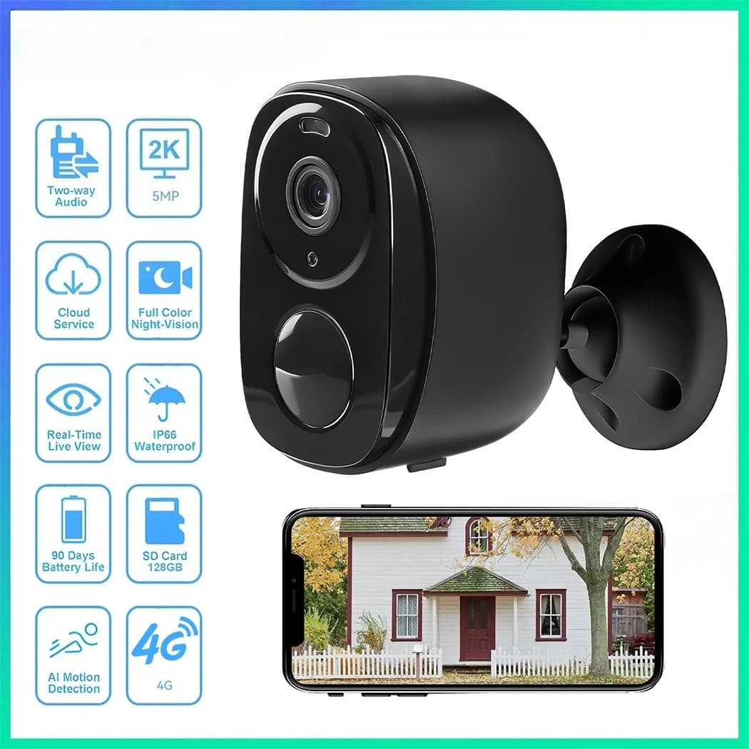 Telecamera di Sicurezza Solare 4G 5MP 2K HD Wireless per Esterni con Visione Notturna a Colori, Alimentata a Batteria, Supporto PIR, Impermeabile, Audio Bidirezionale