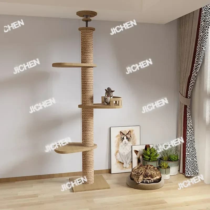 JCQ Albero per gatti dal pavimento al soffitto Torre per gatti in legno Condo e corda in sisal Tiragraffi per gatti Gatti domestici Casa Gattino Giocattolo Prosciutto accogliente