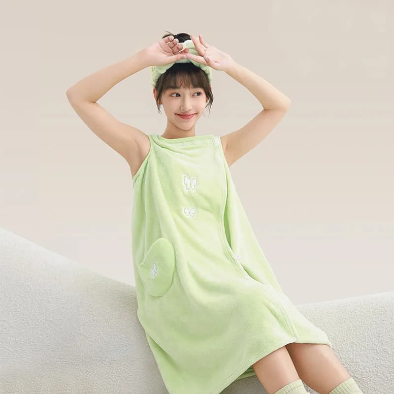 Cartoon-print Thickened Sleep Towel Quick-drying Wearable & Wrapable Cute Home-use Bathrobe-style Dress with Belt Designed