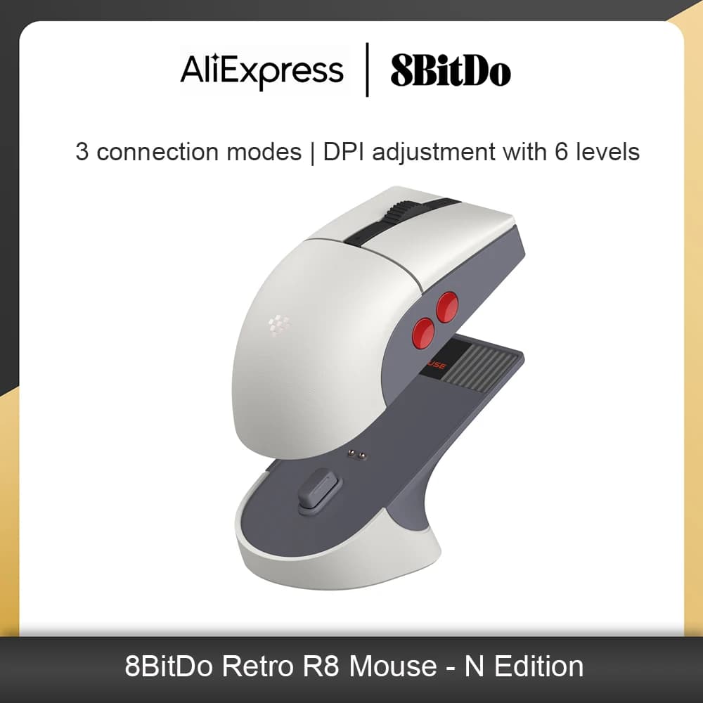 Mouse 8BitDo Retro R8 with charging dock, optical sensor PAW 3395 DPI 26,000, wireless mouse with 4K frequency game accessory