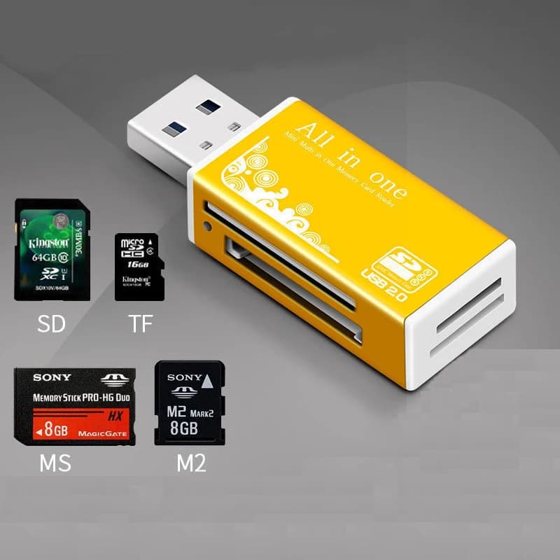 Lettore di schede in lega 4 porte USB 2.0 per Micro SD TF M2 MS Pro Duo MMC SDHC DV Adattatore per scheda di memoria per fotocamera del telefono con indicatore LED