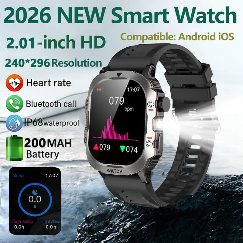 Smartwatch 2026 Nuovo con Chiamata Bluetooth, Torcia Esterna, IP68, Monitoraggio Frequenza Cardiaca e Ossigeno nel Sangue, GPS e Tracciamento del Movimento