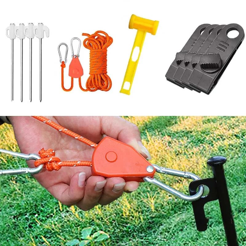 Pulley Regulator Tent High-Reflective Windproof Rope Fluorescent Guy Lines Camping Cord with Nails Hammer for Outdoor Camping