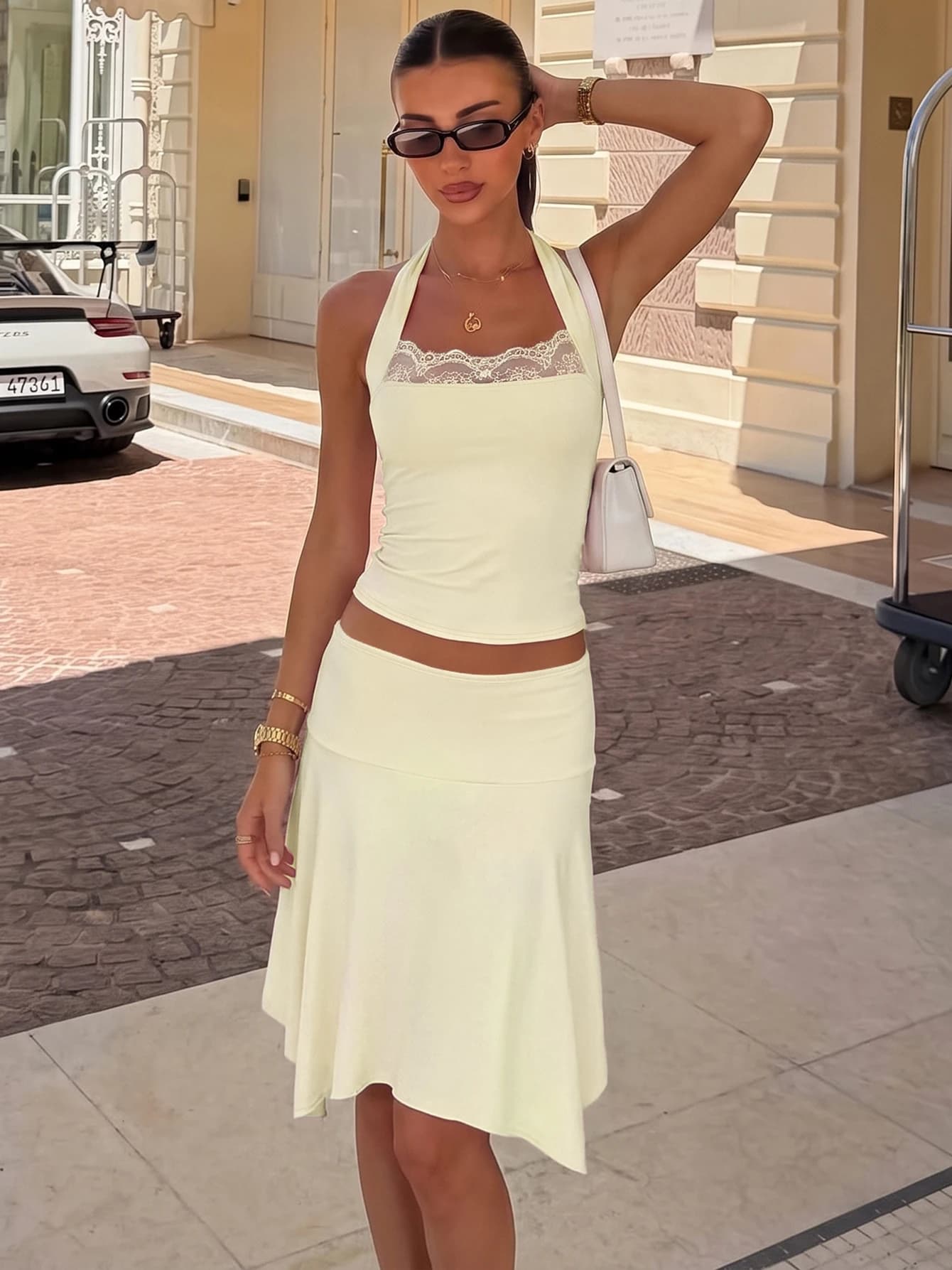 Hugcitar Fashion 2 Pcs Sets Halter Patchwork Lace Solid Backless Bandage Tank Top Midi Skirt Irregular Outfits Party Vacation