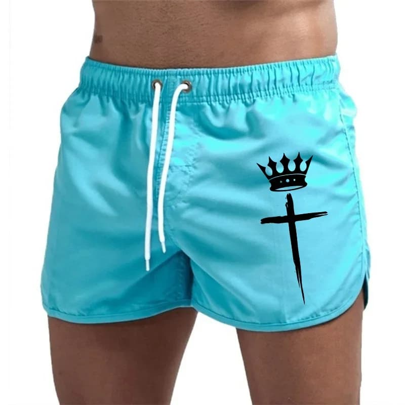 Men's Surf Shorts Printed With Cross Crown Casual Sports Shorts from High Quality Male Beach Running Fitness Shorts for Daily Summer Cycling