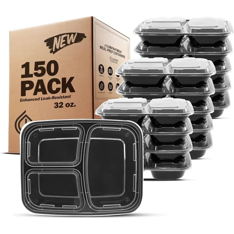 Contenitori per la preparazione dei pasti [Confezione da 150] 3 scomparti con coperchi, contenitori per alimenti, portapranzo, impilabili, bento box, microonde/D