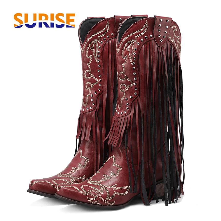 Western Cowboy Mid-calf Boots for Women Red Black Embroidery Fringe High Block Heel Party Casual Rivet Slip-on Cowgirl Half Boot