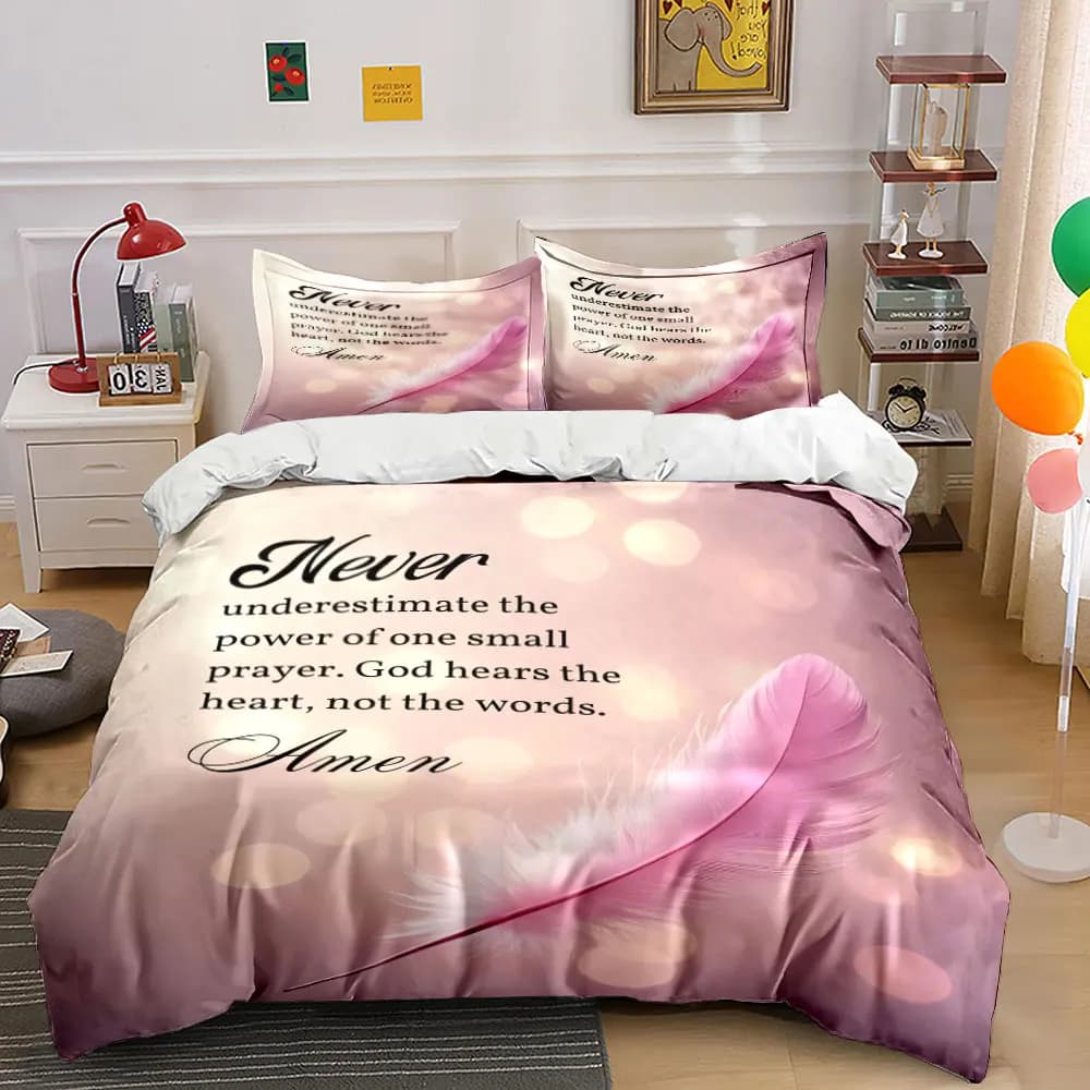 Set di Biancheria da Letto con Motivo a Piume Rosa e Citazioni Religiose, 3 Pezzi, Copripiumino Morbido con Stampa 'Faith' e 2 Federe, Disponibile in Misure Singolo, Matrimoniale, King, Queen