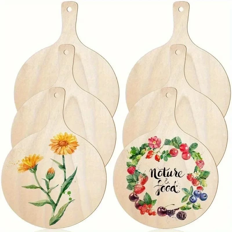 6Pc Wooden circular cutting board craft with handle,made of wood,mini cheese country paddle suitable for Christmas DIY decoratio