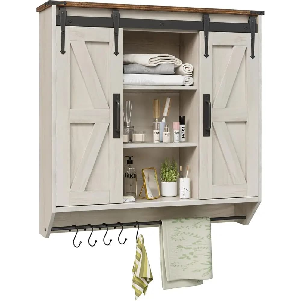Armadietto da parete rustico a 3 livelli con porta scorrevole, portasciugamani, ripiano regolabile, bianco antico, 30,71