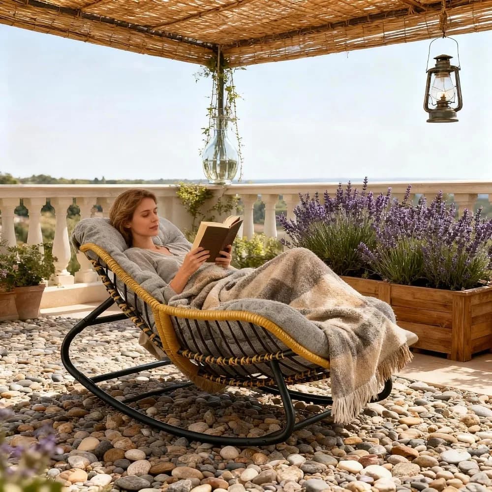Extra Wide Rocking Chair with Plush Cushion - Versatile Wicker Egg Chair for Indoor & Outdoor Relaxation, Grey