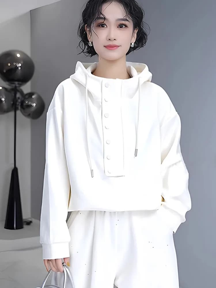 American Lazy Style Half Button Drawstring Hoodie Women's Fashion Short Top 2025 New Popular Casual Loose Long Sleeve