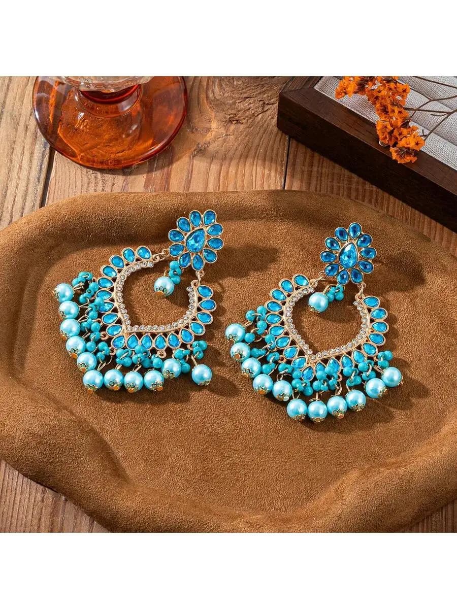 Bohemian Heart Shape Drop Earrings With Blue Zircon And Pearl Beads
