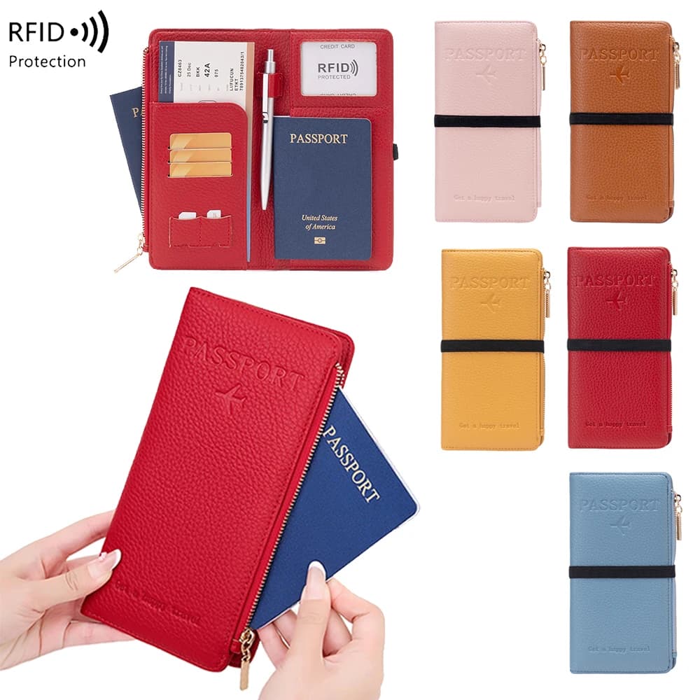 Embossed Airplane RFID Blocking Passport Wallet, Elastic Strap Zipper Pocket Pen Slot Travel Document Holder
