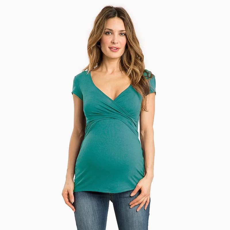 Cross Front V Neck Nursing Top Short Sleeve Maternity Breastfeeding Blouse