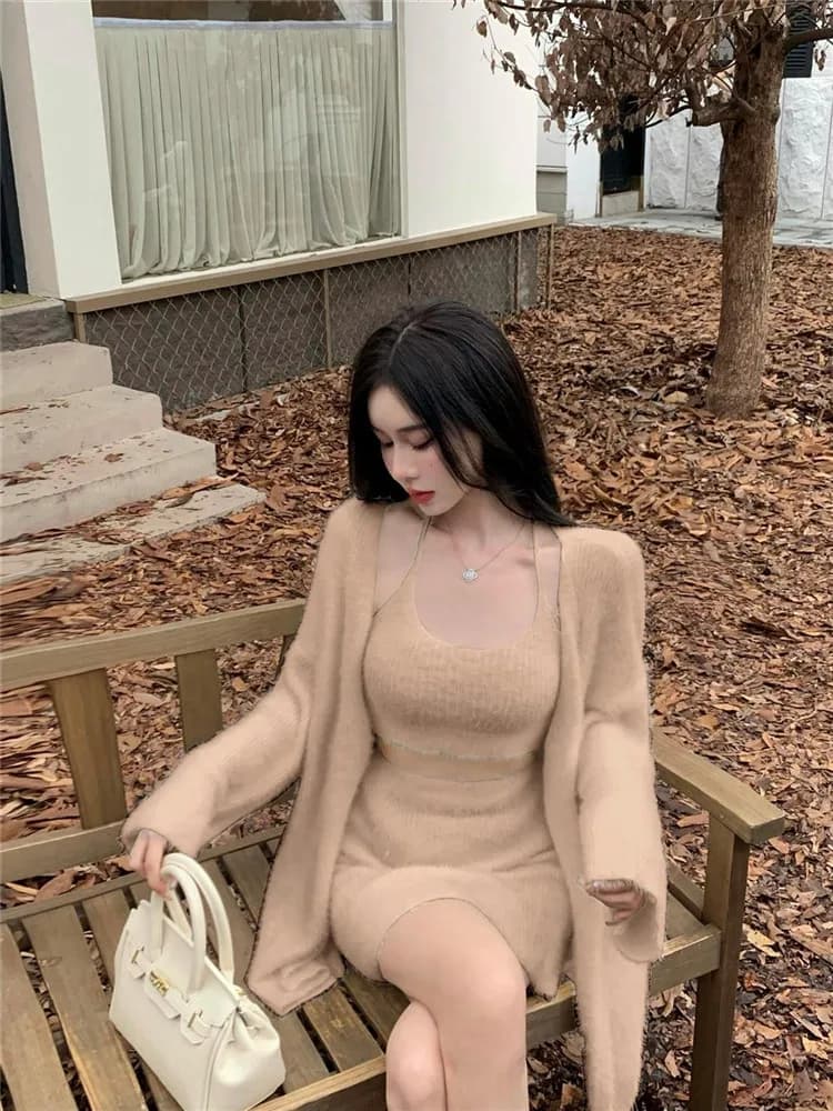 Women Fall Fashion Soft Knit 2 Piece Sets Sexy Little Camis vest Top&Long Sweater Cardigan&Mini Pencil Skirt 3pc Dress Suits