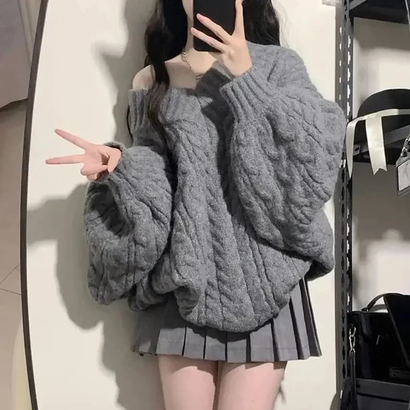 Maglione da donna autunno inverno Harajuku pullover lavorato a maglia oversize coreano manica lunga scollo a V maglieria maglione allentato solido preppy