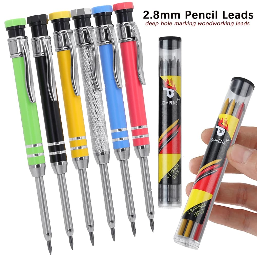 Professional Metal Carpenter Pencil Set with 2.8mm 2box Refill Lead, Deep Hole Woodworking Engineering Marking Tool