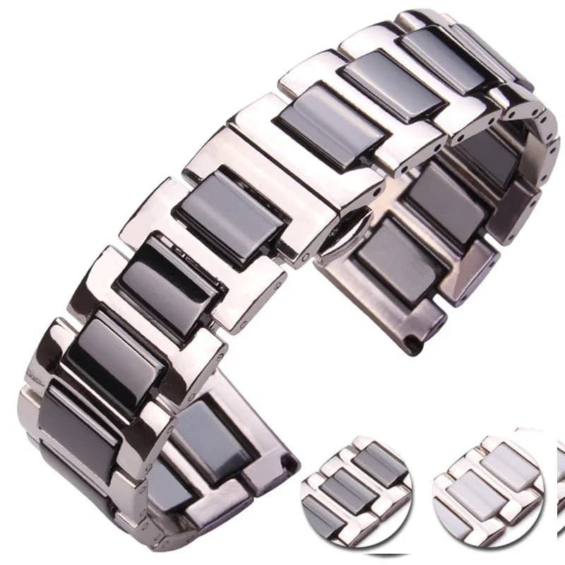 16 18 20mm Stainless Steel Bracelet Central Ceramic Links Men's Watch Strap Lady White Black Accessories for Watch Strap