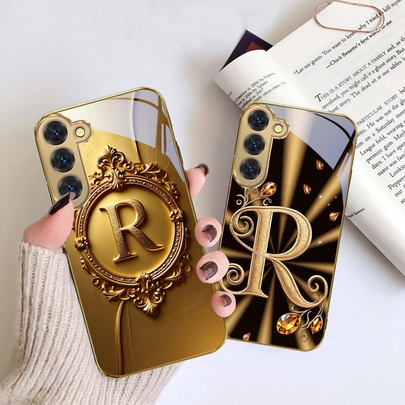 Splendida custodia in vetro dorato con lettera 'R' per Samsung Galaxy S26 S20 FE S21 S22 S23 Plus S24 Ultra S25 Ultra S21+ S22 Plus
