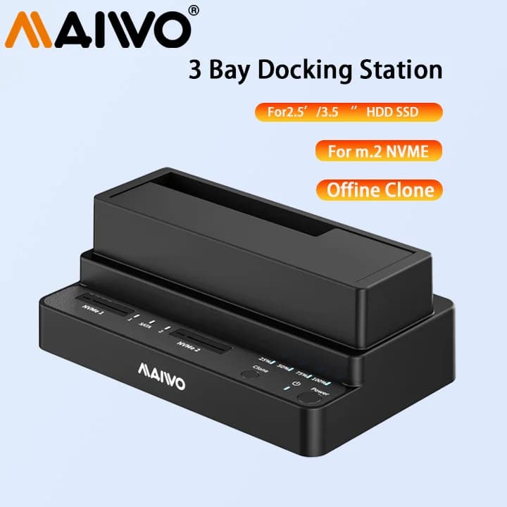 MAIWO 3 Bay SSD HDD Docking Station ssd nvme m2 with Offline Clone 10Gbps USB 3.2 Type-C Gen2 M.2 & SATA HDD External SSD Case