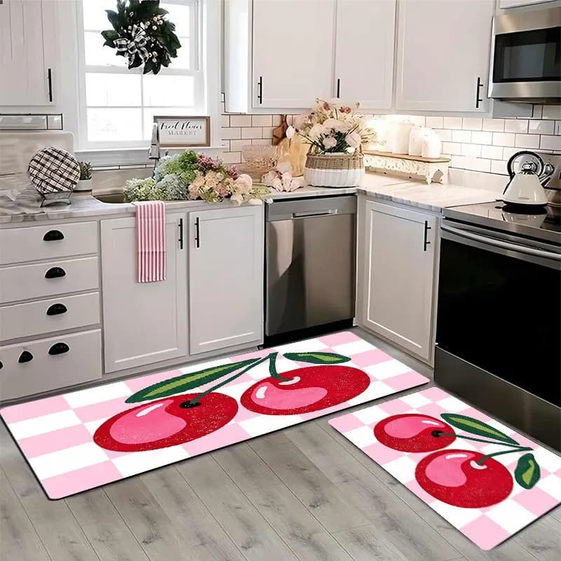 Long kitchen mat with cartoon cherry print, rosket for sink, carpet for door, cute carpet for bedroom, living room, entrance