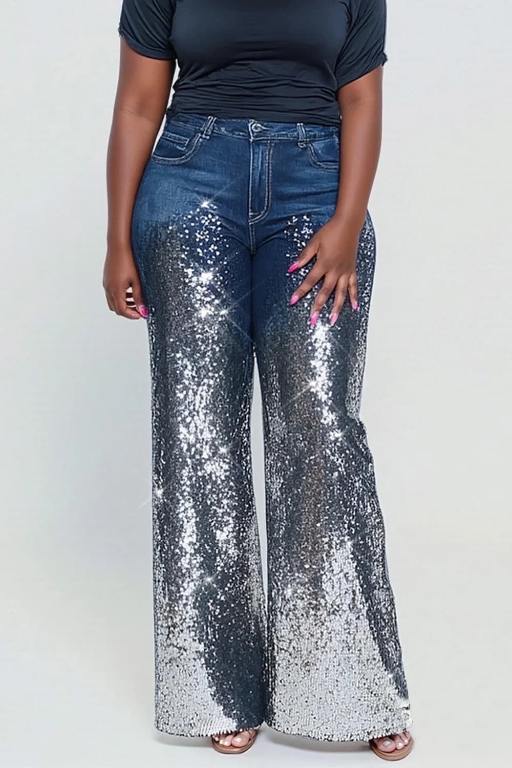 Jeans in denim a contrasto casual con paillettes blu giornaliere taglie forti
