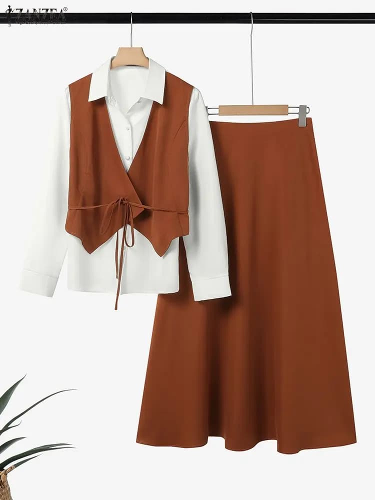 ZANZEA Donna Autunno 2 pezzi Completi Camicie patchwork a maniche lunghe e gonne lunghe Set di abiti alla moda 2025 Elegante ufficio OL 2 pezzi