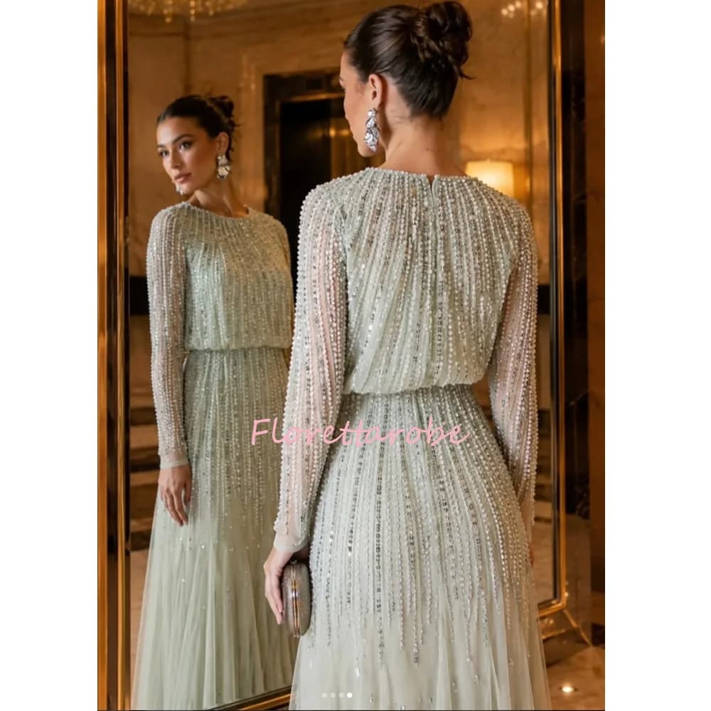 Green Evening Dress with Round Neck Long Sheer Beaded Sleeves Blouson Waist Allover Vertical Beading Flowing Tulle Skirt Prom Go