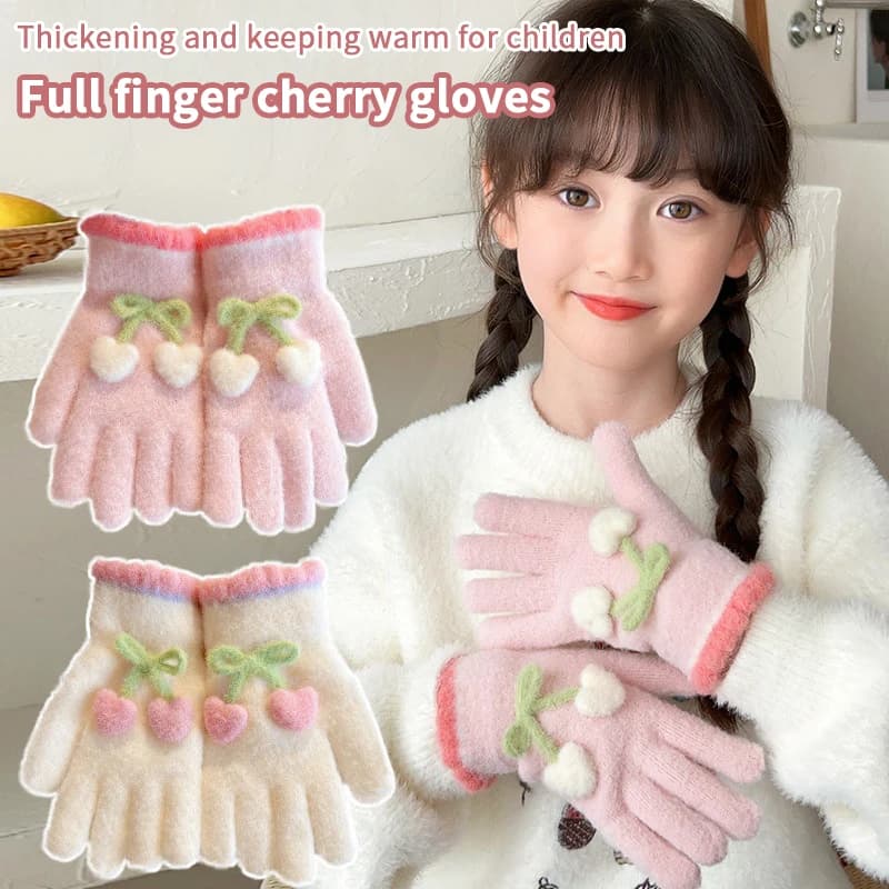 6-12 anni coreano dolce ciliegia amore bambini caldi guanti a dita intere inverno antivento addensare ragazzi ragazze guanti da ciclismo per bambini