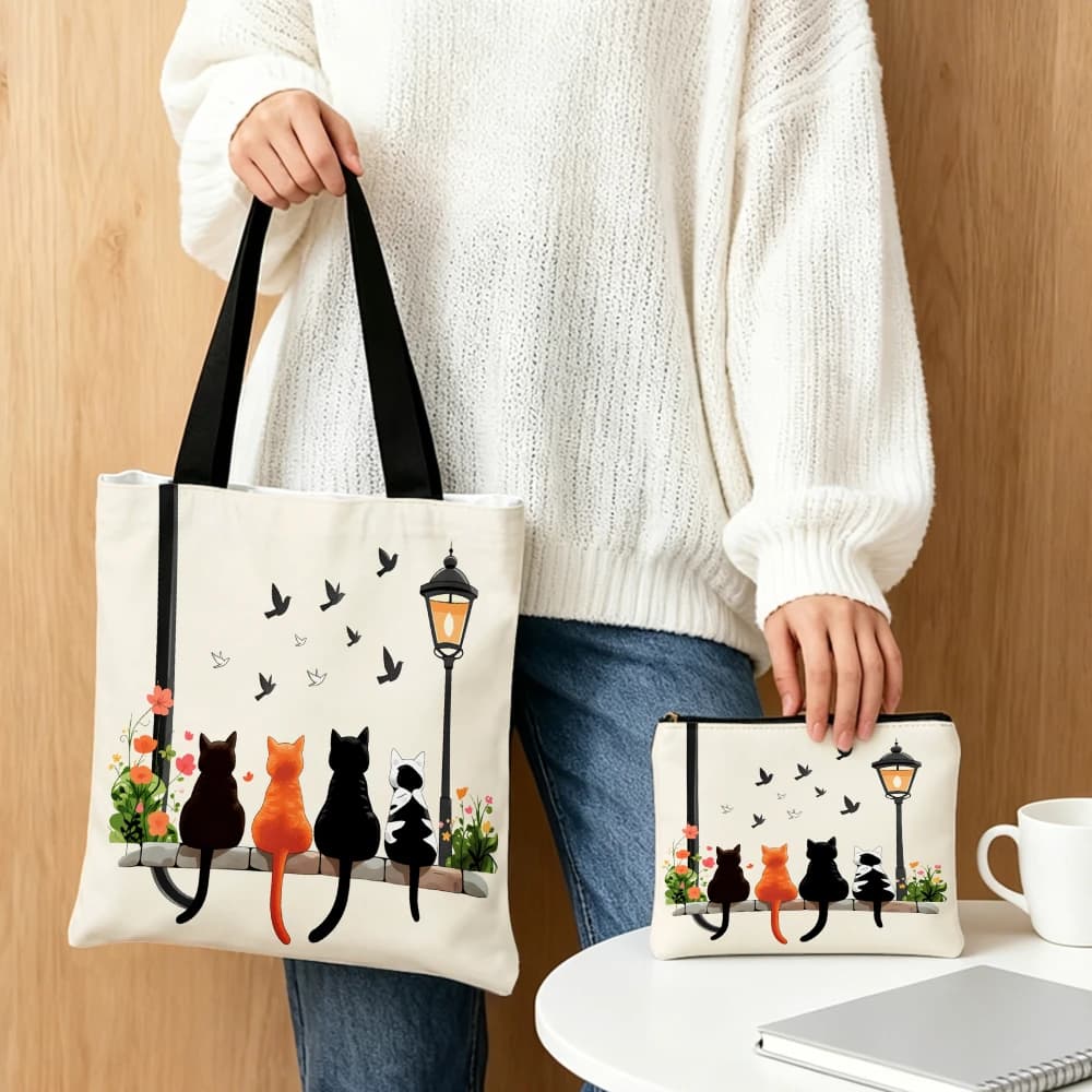 Borsa a tema gatto con quattro gatti e uccelli, stampa floreale con palo della luce, set di borse tote e pochette per il trucco per uso quotidiano e shopping