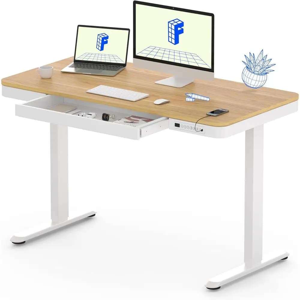 Scrivania Elettrica Regolabile in Altezza con Porta USB, Fino a 48 Pollici, Installazione Rapida, Piano in Acero, Scrivania Bianca con Vano Portaoggetti per Laptop