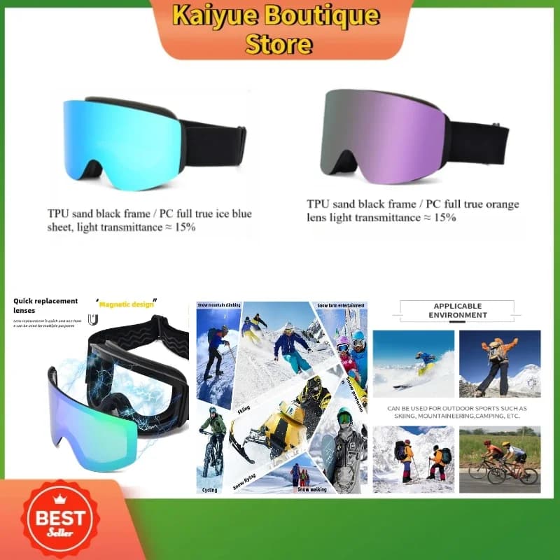 Ski Goggles Magnetic Anti-Fog PC Lens VLT 8%-25%, Snow Goggles for Snowboard Skiing, Unisex Protective Eyewear Snow Sports