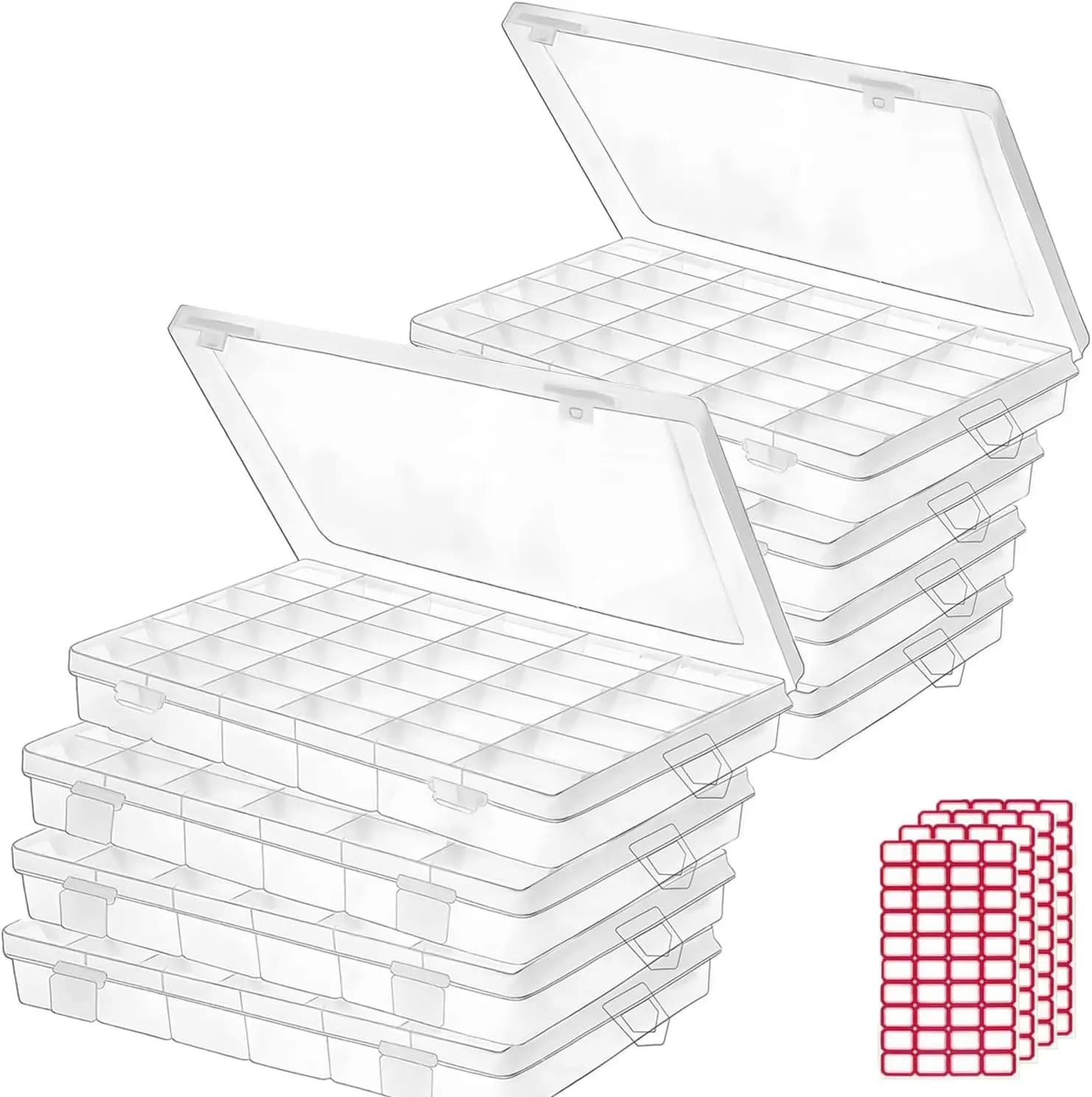 Transparent Plastic Organizer Box with 36 Parts and Adjustable Dividers for Crafts, Jewelry, Fishing Equipment, Includes Labels