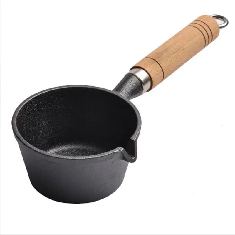Vendita calda manico in legno ghisa antiaderente salsa scalda burro latte Mini padella per uova