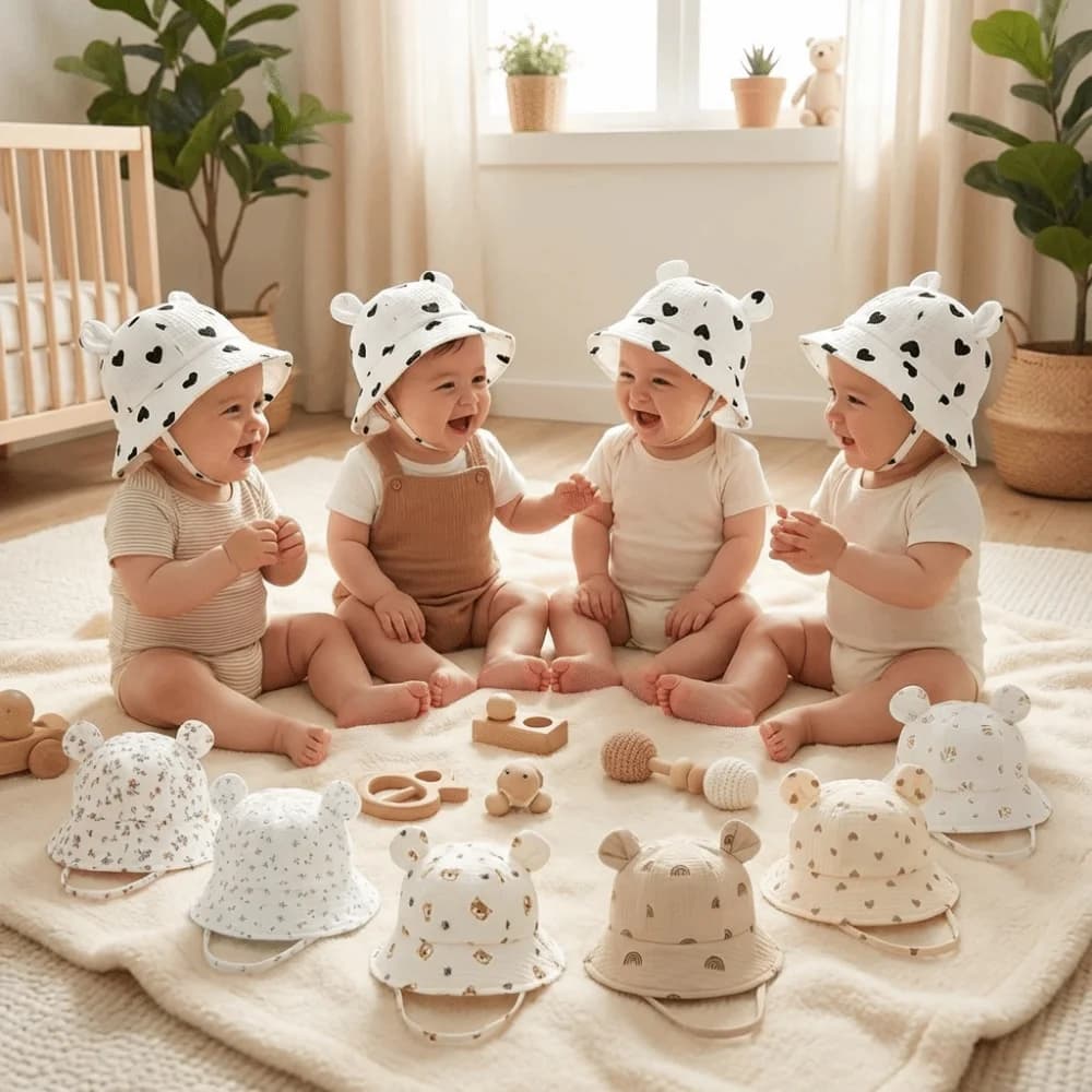 Nuovo Cappello da Sole per Bambini in Cotone con Stampa, Regolabile, Morbido e Traspirante, con Orecchie da Coniglio, per Uso Esterno