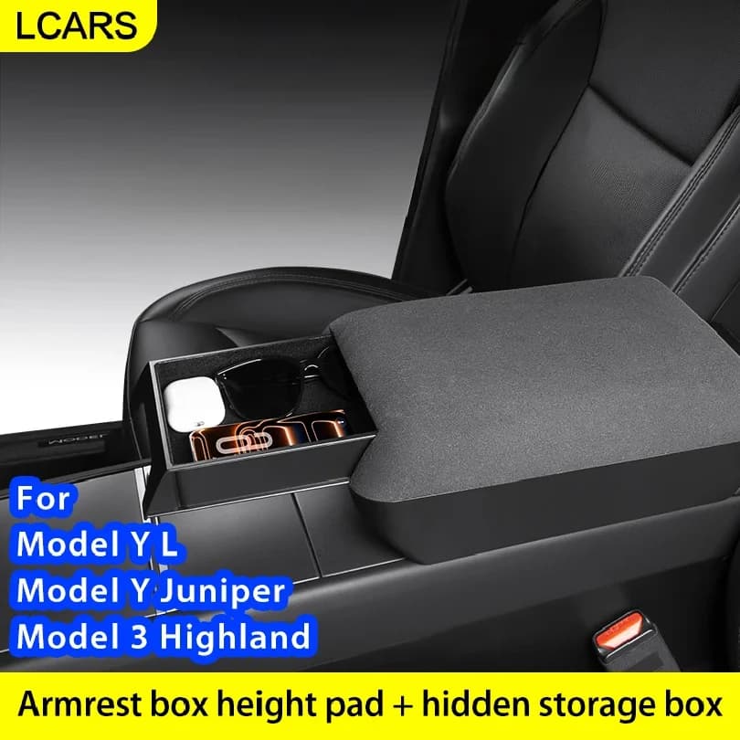 For Tesla Model Y Juniper YL Model 3 Highland Suede Armrest Box Height‑Increased Cover Hidden Storage Box Center Console Organiz