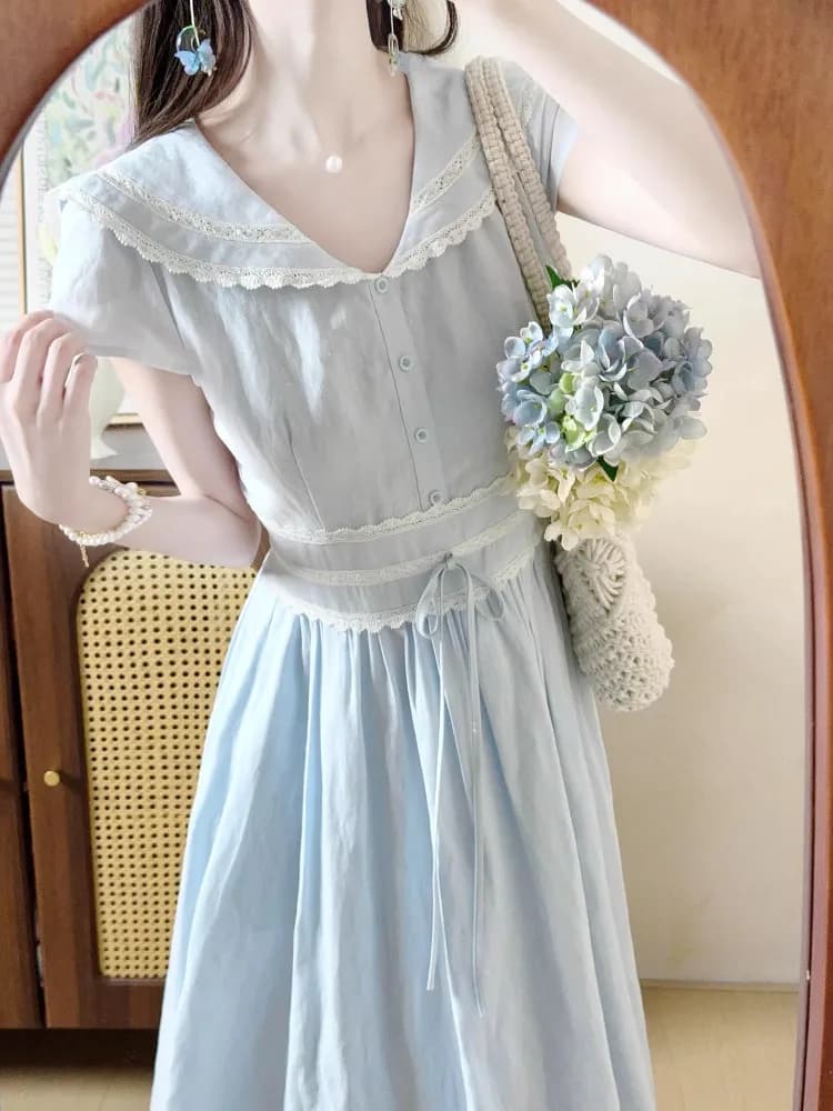 Elegante Abito Lungo Blu con Colletto a Bambola da Donna, Stile Francese, in Fibra di Poliestere, con Gonna a Trapezio, Modello Estivo 2026, con Vita Stretta Effetto Snellente