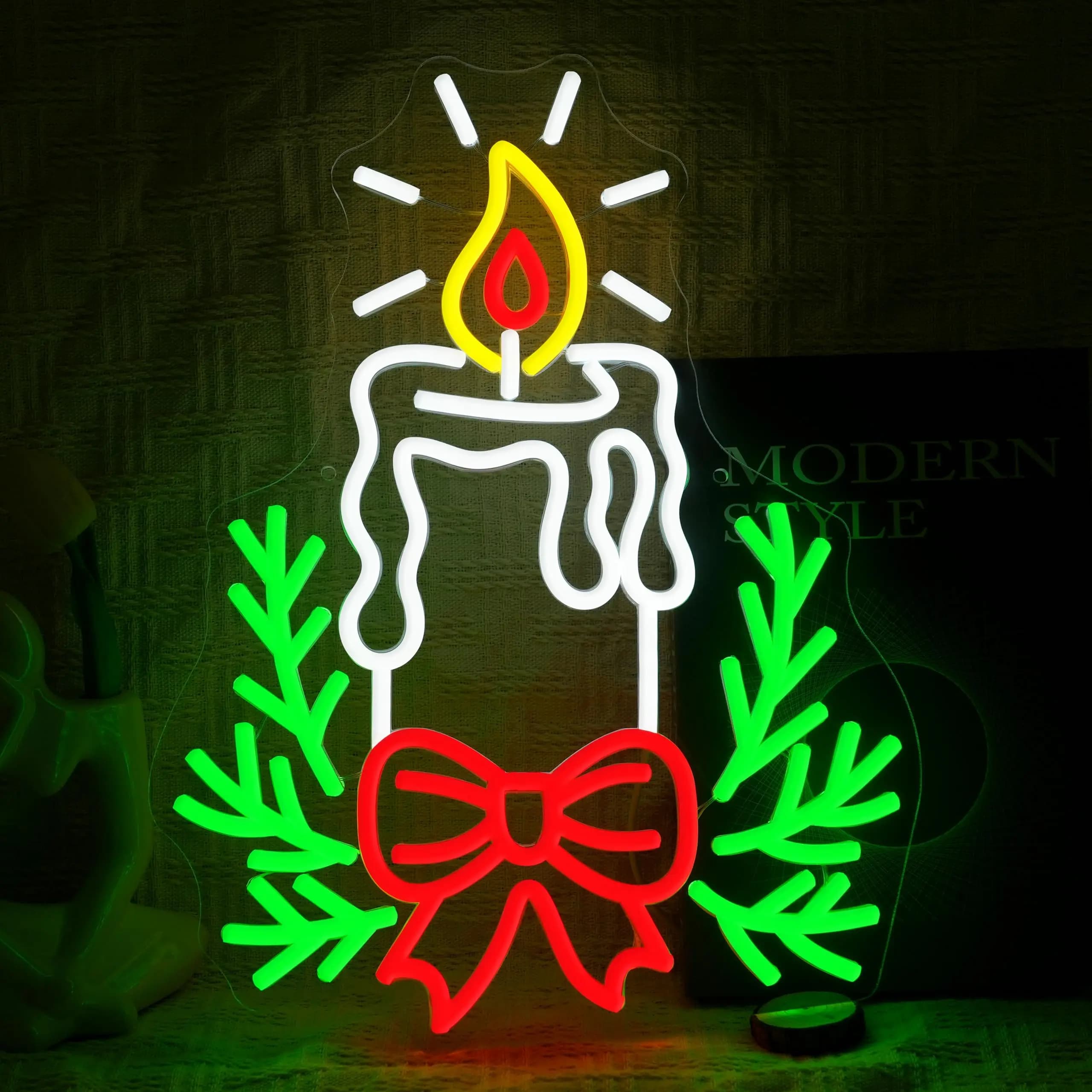 Insegna al neon natalizia con candela con interruttore dimmerabile, fiocco natalizio, insegna al neon di agrifoglio per la decorazione del negozio di chiesa, festa di Capodanno