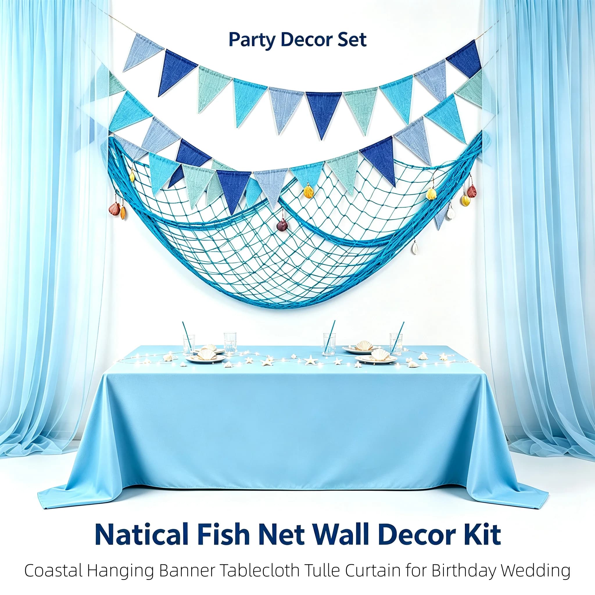 Coastal Party Decor Kit, Fish Net Wall Decor,Light Blue Tulle Curtain Disposable Tablecloth for Birthday Wedding Decorations
